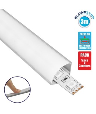 GLOBOSTAR® ALP-CORNER LINEO 70815-3M Επιφανειακό Γωνιακό Προφίλ Αλουμινίου με Λευκό Γαλακτερό Πατητό Κάλυμμα για Ταινίες LED IP20 - Ασημί & Λευκό - Μ300 x Π1.6 x Υ1.6cm - Πακέτο 5 Τεμαχίων